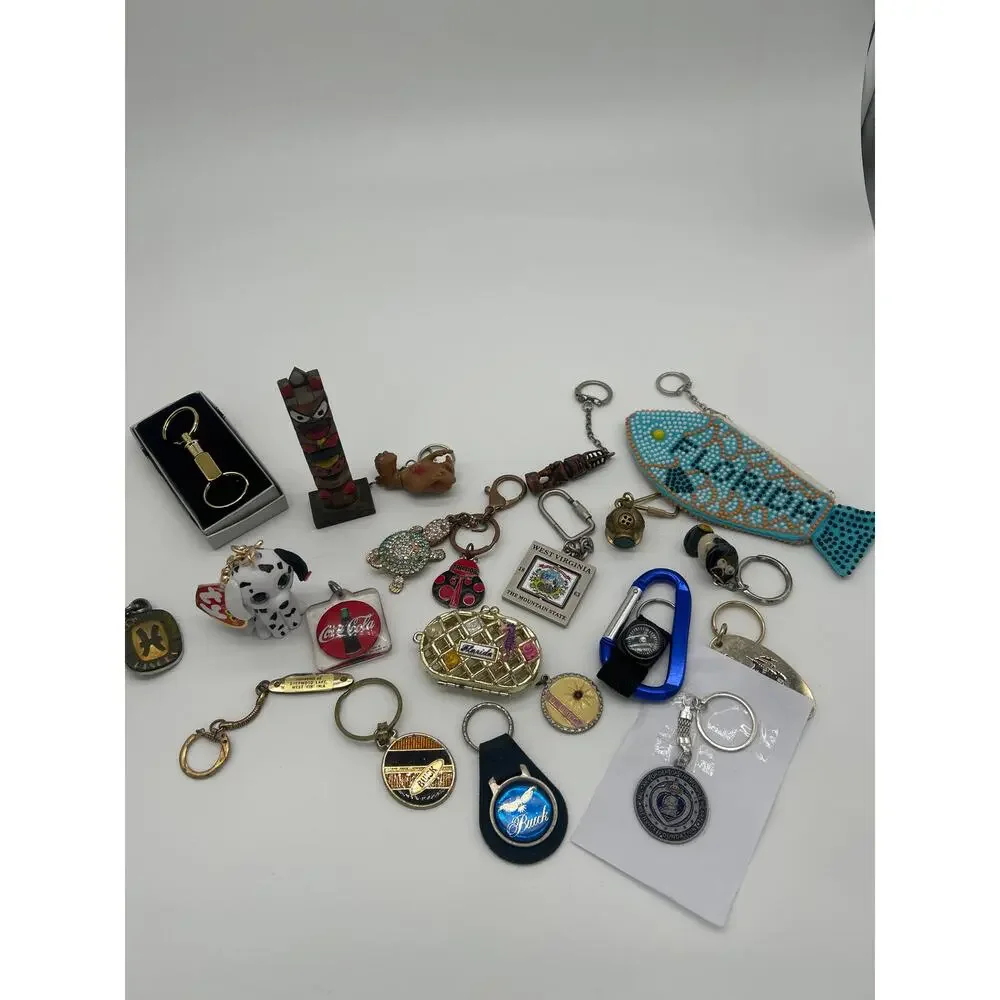 Vintage Keychain Figurine Mixed Lot of 21 ET Tiki Scuba Helmet Buick Coca Cola
